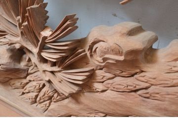 ビンテージ建具　井波彫刻　横山富介　松に鶴の繊細な彫刻が目を惹く欄間2枚セット(明かり取り、明り取り、ヴィンテージ)(R-080530)