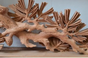 ビンテージ建具　井波彫刻　横山富介　松に鶴の繊細な彫刻が目を惹く欄間2枚セット(明かり取り、明り取り、ヴィンテージ)(R-080530)