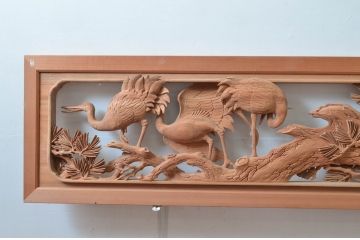 ビンテージ建具　井波彫刻　横山富介　松に鶴の繊細な彫刻が目を惹く欄間2枚セット(明かり取り、明り取り、ヴィンテージ)(R-080530)