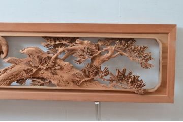 ビンテージ建具　井波彫刻　横山富介　松に鶴の繊細な彫刻が目を惹く欄間2枚セット(明かり取り、明り取り、ヴィンテージ)(R-080530)