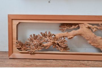 ビンテージ建具　井波彫刻　横山富介　松に鶴の繊細な彫刻が目を惹く欄間2枚セット(明かり取り、明り取り、ヴィンテージ)(R-080530)