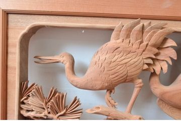 ビンテージ建具　井波彫刻　横山富介　松に鶴の繊細な彫刻が目を惹く欄間2枚セット(明かり取り、明り取り、ヴィンテージ)(R-080530)