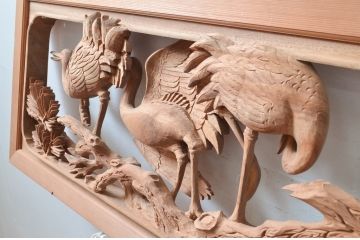 ビンテージ建具　井波彫刻　横山富介　松に鶴の繊細な彫刻が目を惹く欄間2枚セット(明かり取り、明り取り、ヴィンテージ)(R-080530)