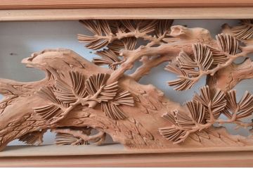 ビンテージ建具　井波彫刻　横山富介　松に鶴の繊細な彫刻が目を惹く欄間2枚セット(明かり取り、明り取り、ヴィンテージ)(R-080530)