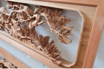 ビンテージ建具　井波彫刻　横山富介　松に鶴の繊細な彫刻が目を惹く欄間2枚セット(明かり取り、明り取り、ヴィンテージ)(R-080530)