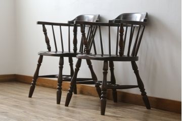 和製ビンテージ　松本民芸家具　#91型　落ち着きのある大人カフェ風インテリアが叶うキャプテンチェア2脚セット(アームチェア、板座チェア、ダイニングチェア、椅子、イス、ヴィンテージ)(定価2脚で約26万円)(R-080536)