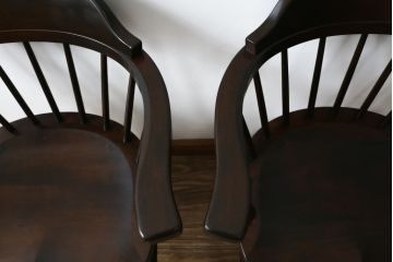 和製ビンテージ　松本民芸家具　#91型　落ち着きのある大人カフェ風インテリアが叶うキャプテンチェア2脚セット(アームチェア、板座チェア、ダイニングチェア、椅子、イス、ヴィンテージ)(定価2脚で約26万円)(R-080537)