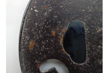 時代武具　鉄地　金銀象嵌　透かし　鳥　茸　独創的なデザインが魅力の鍔(きのこ、キノコ、金彩、風景、彫刻、刀装具、ケース付き)(R-080542)