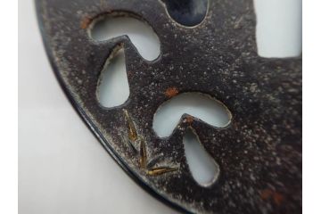 時代武具　鉄地　金銀象嵌　透かし　鳥　茸　独創的なデザインが魅力の鍔(きのこ、キノコ、金彩、風景、彫刻、刀装具、ケース付き)(R-080542)