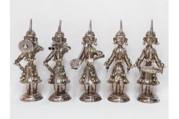 アンティーク　アジアンビンテージ　銀製　シルバー　繊細な装飾が魅力の人形5体セット(ヴィンテージ、音楽隊、楽器、Silver、900刻印、人物、置物、オブジェ、ディスプレイ)(R-080549)