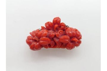 時代物　赤珊瑚　彫刻　色鮮やかな帯留(花、サンゴ、帯留め、着物道具、和装小物、アクセサリー、ブローチ)(R-080552)