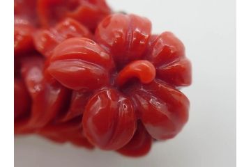 時代物　赤珊瑚　彫刻　色鮮やかな帯留(花、サンゴ、帯留め、着物道具、和装小物、アクセサリー、ブローチ)(R-080552)