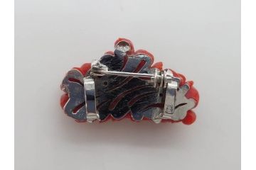 時代物　赤珊瑚　彫刻　色鮮やかな帯留(花、サンゴ、帯留め、着物道具、和装小物、アクセサリー、ブローチ)(R-080552)