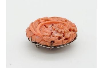 時代物　ピンク珊瑚　SPM刻印　彫刻　上品な雰囲気の帯留(花、サンゴ、帯留め、着物道具、和装小物、アクセサリー)(R-080553)