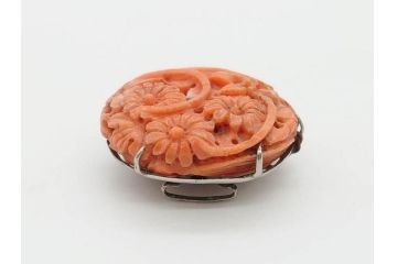 時代物　ピンク珊瑚　SPM刻印　彫刻　上品な雰囲気の帯留(花、サンゴ、帯留め、着物道具、和装小物、アクセサリー)(R-080553)