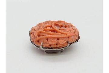 時代物　ピンク珊瑚　SPM刻印　彫刻　上品な雰囲気の帯留(花、サンゴ、帯留め、着物道具、和装小物、アクセサリー)(R-080553)