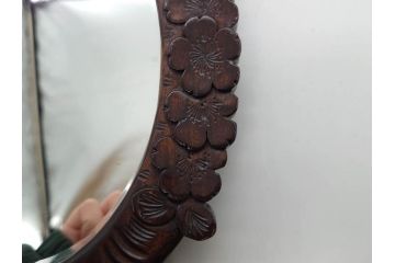 ビンテージ　軽井沢彫り　ミラー　細かな彫刻の美しさに心も躍る手鏡(ヴィンテージ、ハンドミラー、木製、花)(R-080555)