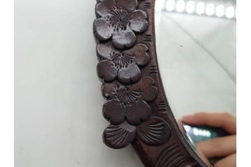 ビンテージ　軽井沢彫り　ミラー　細かな彫刻の美しさに心も躍る手鏡(ヴィンテージ、ハンドミラー、木製、花)(R-080555)