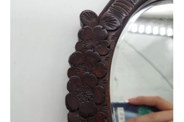 ビンテージ　軽井沢彫り　ミラー　細かな彫刻の美しさに心も躍る手鏡(ヴィンテージ、ハンドミラー、木製、花)(R-080555)