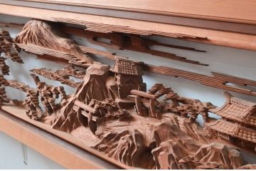 ビンテージ建具　井波彫刻　中山慶寿刀　風情ある松と城の図柄が美しい欄間2枚セット(明かり取り、明り取り、ヴィンテージ)(R-080561)