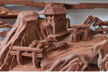 ビンテージ建具　井波彫刻　中山慶寿刀　風情ある松と城の図柄が美しい欄間2枚セット(明かり取り、明り取り、ヴィンテージ)(R-080561)
