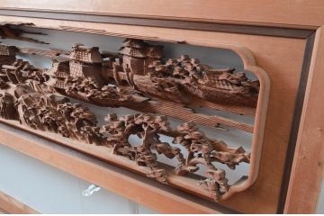 ビンテージ建具　井波彫刻　中山慶寿刀　風情ある松と城の図柄が美しい欄間2枚セット(明かり取り、明り取り、ヴィンテージ)(R-080561)