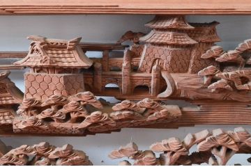 ビンテージ建具　井波彫刻　中山慶寿刀　風情ある松と城の図柄が美しい欄間2枚セット(明かり取り、明り取り、ヴィンテージ)(R-080561)