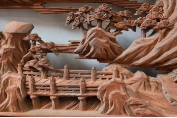 ビンテージ建具　井波彫刻　中山慶寿刀　風情ある松と城の図柄が美しい欄間2枚セット(明かり取り、明り取り、ヴィンテージ)(R-080561)