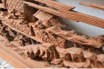 ビンテージ建具　井波彫刻　中山慶寿刀　風情ある松と城の図柄が美しい欄間2枚セット(明かり取り、明り取り、ヴィンテージ)(R-080561)