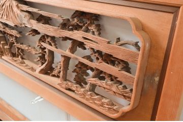 ビンテージ建具　井波彫刻　中山慶寿刀　風情ある松と城の図柄が美しい欄間2枚セット(明かり取り、明り取り、ヴィンテージ)(R-080561)