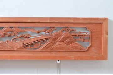 ビンテージ建具　松の木と風情ある風景の彫刻が美しい彫刻欄間2枚セット(明り取り、明かり取り、ヴィンテージ)(R-080563)