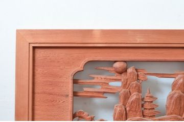 ビンテージ建具　松の木と風情ある風景の彫刻が美しい彫刻欄間2枚セット(明り取り、明かり取り、ヴィンテージ)(R-080563)