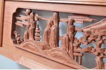 ビンテージ建具　松の木と風情ある風景の彫刻が美しい彫刻欄間2枚セット(明り取り、明かり取り、ヴィンテージ)(R-080563)