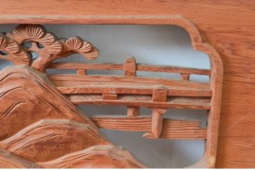 ビンテージ建具　松の木と風情ある風景の彫刻が美しい彫刻欄間2枚セット(明り取り、明かり取り、ヴィンテージ)(R-080563)