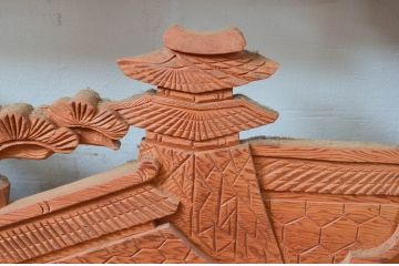 ビンテージ建具　松の木と風情ある風景の彫刻が美しい彫刻欄間2枚セット(明り取り、明かり取り、ヴィンテージ)(R-080563)