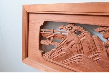 ビンテージ建具　松の木と風情ある風景の彫刻が美しい彫刻欄間2枚セット(明り取り、明かり取り、ヴィンテージ)(R-080563)