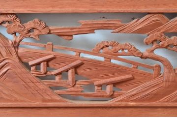 ビンテージ建具　松の木と風情ある風景の彫刻が美しい彫刻欄間2枚セット(明り取り、明かり取り、ヴィンテージ)(R-080563)