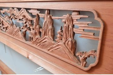 ビンテージ建具　松の木と風情ある風景の彫刻が美しい彫刻欄間2枚セット(明り取り、明かり取り、ヴィンテージ)(R-080563)