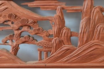 ビンテージ建具　松の木と風情ある風景の彫刻が美しい彫刻欄間2枚セット(明り取り、明かり取り、ヴィンテージ)(R-080563)