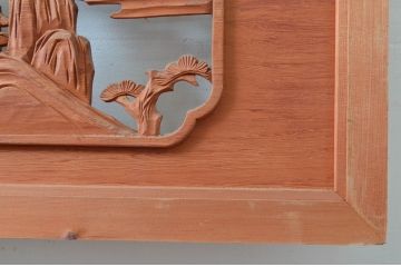 ビンテージ建具　松の木と風情ある風景の彫刻が美しい彫刻欄間2枚セット(明り取り、明かり取り、ヴィンテージ)(R-080563)