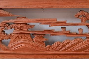 ビンテージ建具　松の木と風情ある風景の彫刻が美しい彫刻欄間2枚セット(明り取り、明かり取り、ヴィンテージ)(R-080563)
