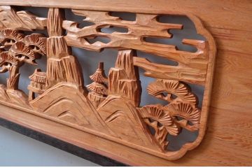 ビンテージ建具　屋久杉　松の木と風景の彫刻が風情を感じる彫刻欄間2枚セット(明かり取り、明り取り、ヴィンテージ)(R-080567)