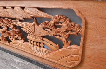 ビンテージ建具　屋久杉　松の木と風景の彫刻が風情を感じる彫刻欄間2枚セット(明かり取り、明り取り、ヴィンテージ)(R-080567)