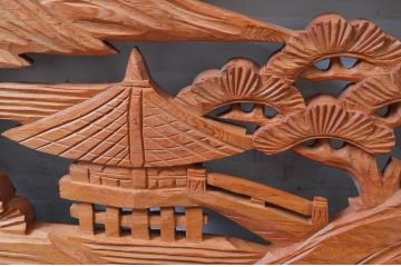 ビンテージ建具　屋久杉　松の木と風景の彫刻が風情を感じる彫刻欄間2枚セット(明かり取り、明り取り、ヴィンテージ)(R-080567)