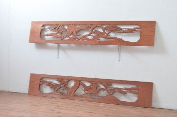 アンティーク建具　松　鶴　上品な和の空間づくりにおすすめな欄間2枚セット(明かり取り、明り取り)(R-080568)