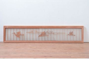 ビンテージ建具　両面ガラス　鶴に雲の図　落ち着いた和の空間を演出するガラス欄間1枚(明り取り、明かり取り)(R-080578)