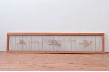 ビンテージ建具　両面ガラス　鶴に雲の図　落ち着いた和の空間を演出するガラス欄間1枚(明り取り、明かり取り)(R-080578)