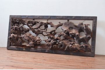 アンティーク建具　希少!!　江戸期　親子獅子の図　燻された味わいが魅力的な寺本堂の彫刻欄間(明り取り、明かり取り)(R-080579)
