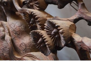 アンティーク建具　希少!!　江戸期　親子獅子の図　燻された味わいが魅力的な寺本堂の彫刻欄間(明り取り、明かり取り)(R-080579)