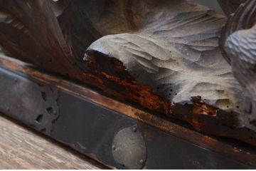 アンティーク建具　希少!!　江戸期　親子獅子の図　燻された味わいが魅力的な寺本堂の彫刻欄間(明り取り、明かり取り)(R-080579)
